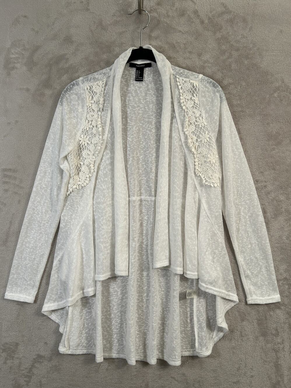 Y2K Fairy FOREVER 21 White Crochet Trim Open Front Cardigan Size S Indie Sleaze